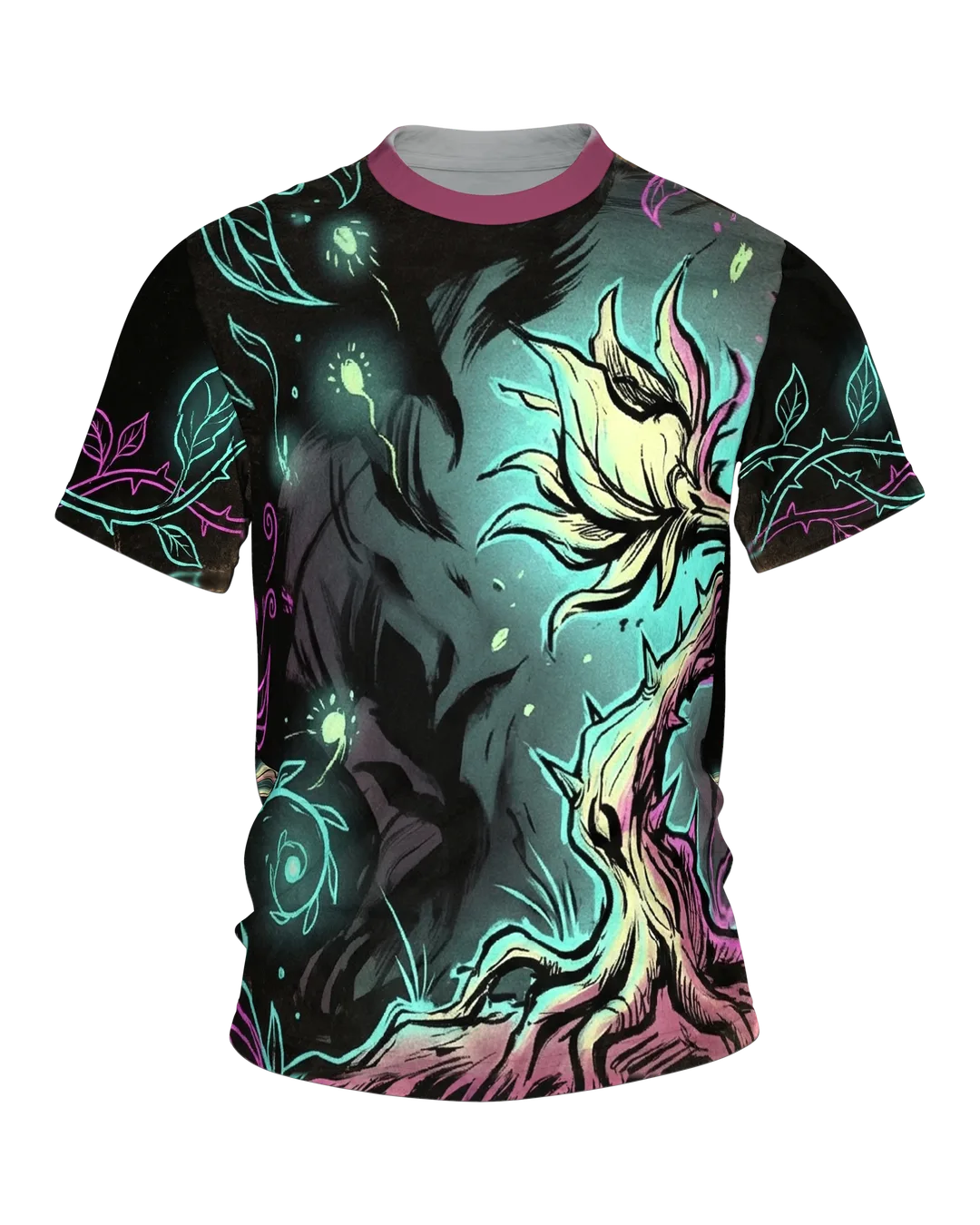 Glowing Flower Dark Fantasy T-shirt, Blooming Night Garden in Front, Bud with Roots on the Back