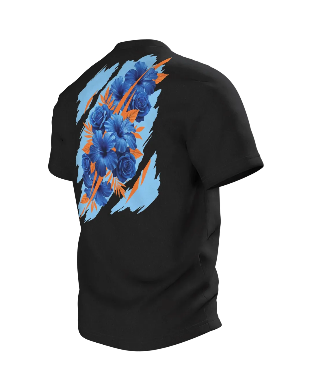 Hibiskus Rosen T-Shirt: Blaues Bouquet mit Orange-Akzenten, Rückseite schräg links