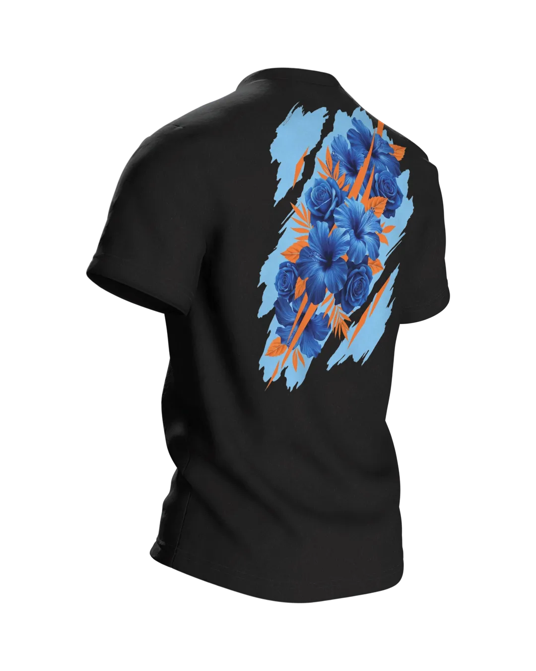 Hibiskus Rosen T-Shirt: Blaues Bouquet mit Orange-Akzenten, Rückseite schräg rechts