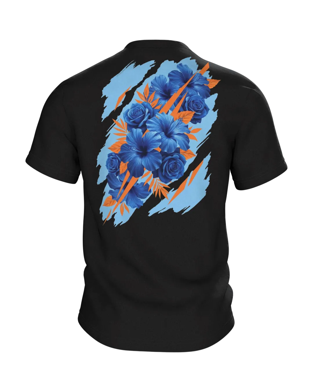 Hibiskus Rosen T-Shirt: Blaues Bouquet mit Orange-Akzenten, Rückseite