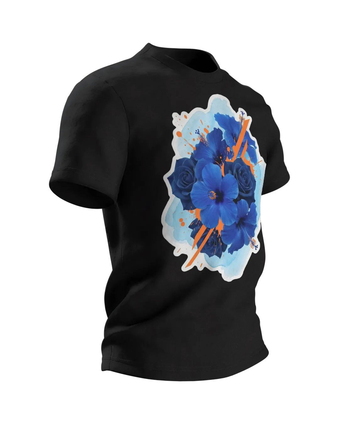 Hibiskus Rosen T-Shirt: Blaues Bouquet mit Orange-Akzenten, Seitenansicht links