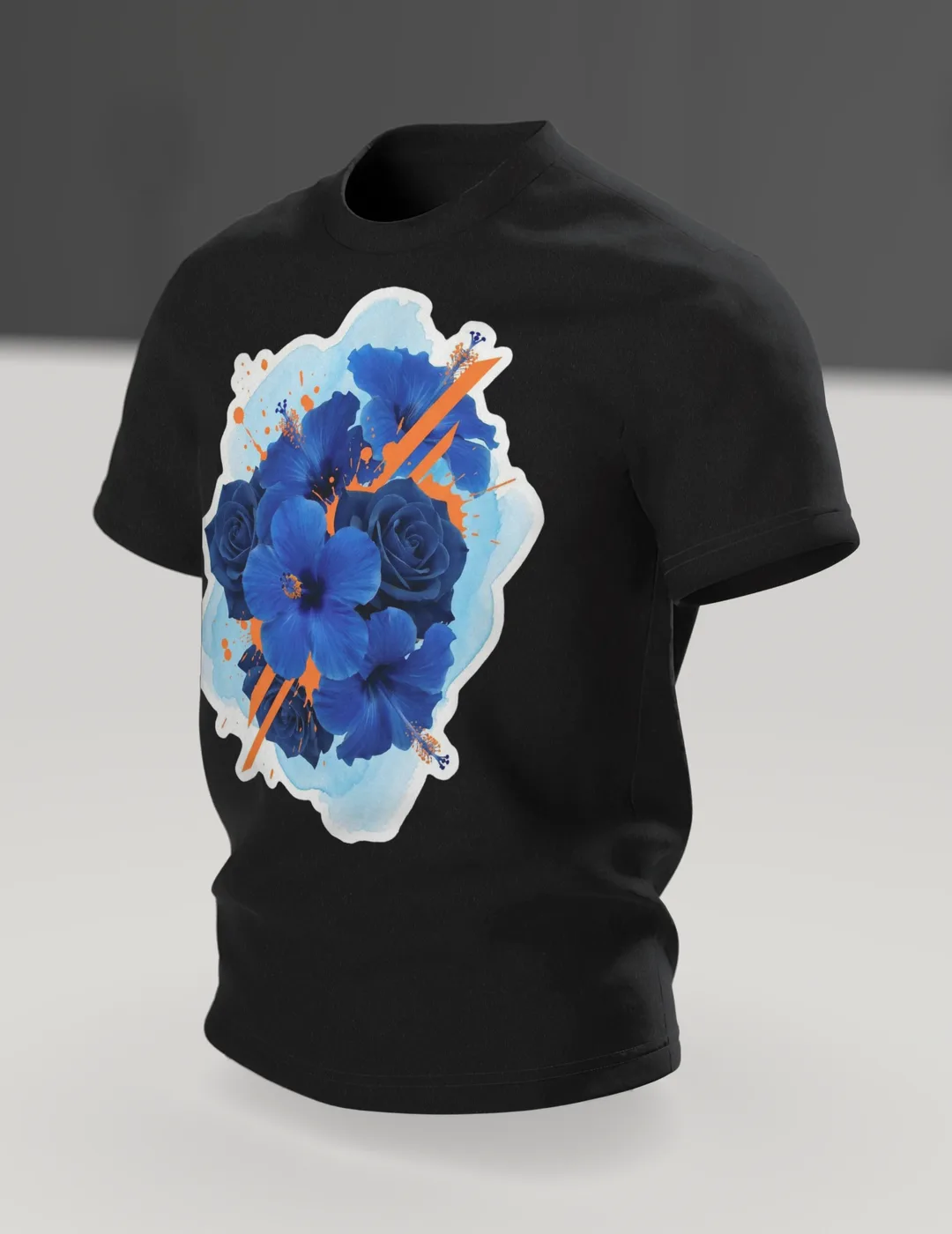 Hibiskus Rosen T-Shirt: Blaues Bouquet mit Orange-Akzenten, Im Raum, schräg