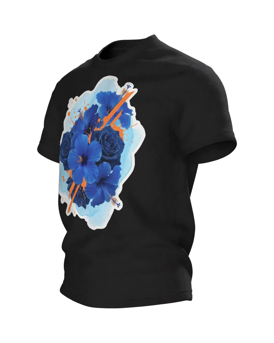 Hibiskus Rosen T-Shirt: Blaues Bouquet mit Orange-Akzenten, Seitenansicht rechts