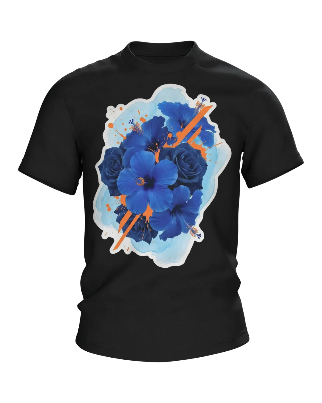 Hibiscus Roses T-shirt: Blue Bouquet with Orange Accents