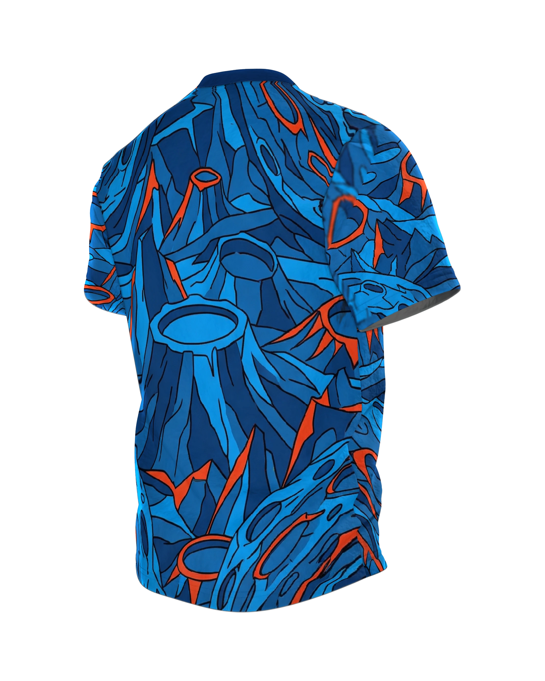 Alien Mond T-Shirt, grinsender Halbmond im Comic-Stil Blau Orange, Rückseite schräg links