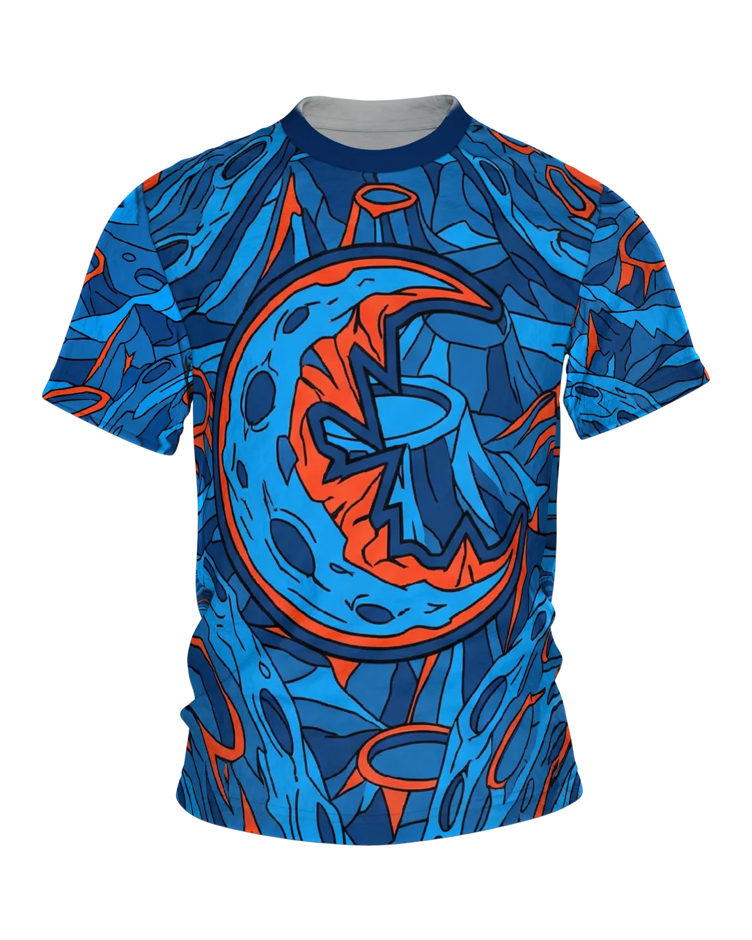 Alien Moon T-shirt, Grinning Crescent in Comic Style, Blue and Orange