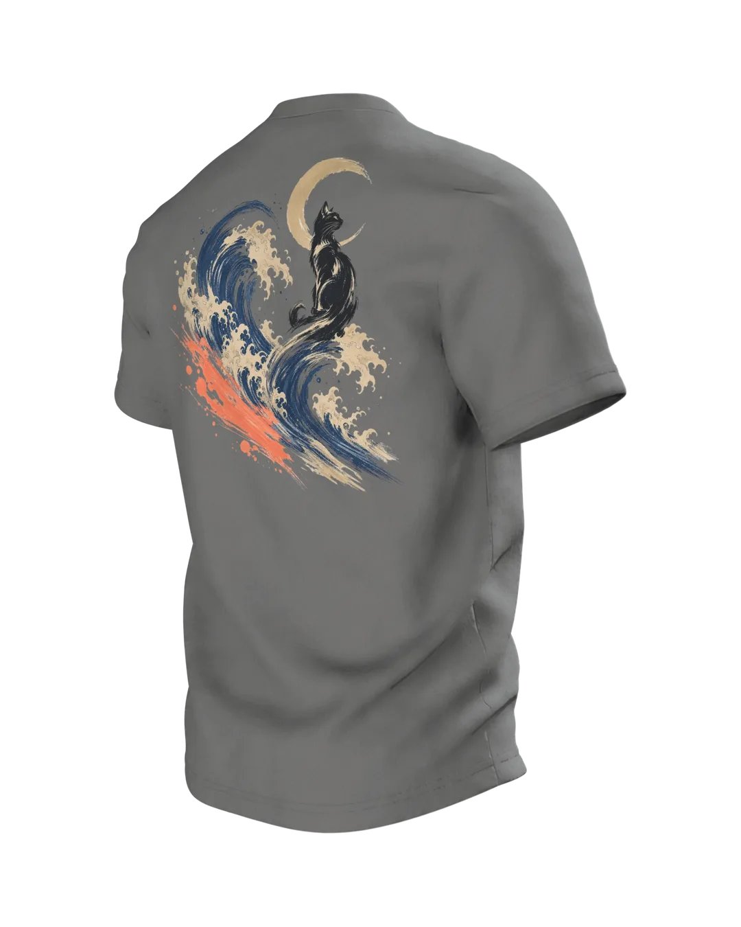 Kanagawa Cat T-shirt, Black Cat in the Great Wave with Crescent Moon and Coral Stroke, Back, angled left