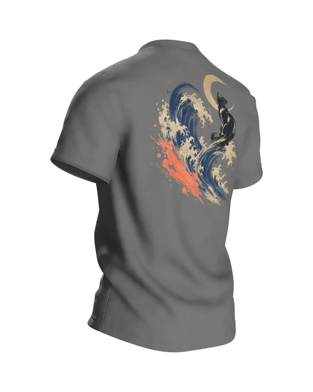 Kanagawa Cat T-shirt, Black Cat in the Great Wave with Crescent Moon and Coral Stroke, Back, angled right