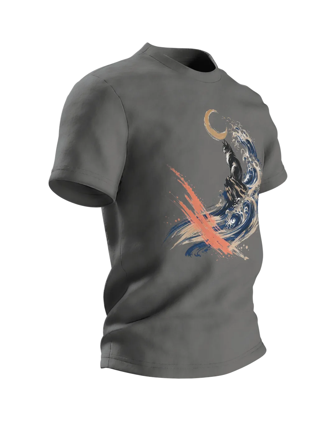 Kanagawa Cat T-shirt, Black Cat in the Great Wave with Crescent Moon and Coral Stroke, Side view, left