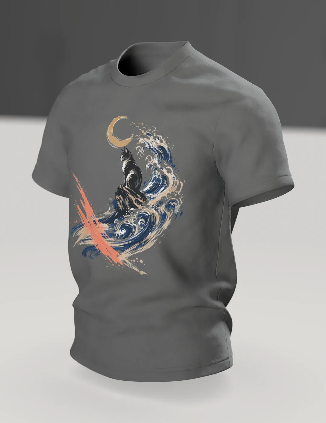 Kanagawa Cat T-shirt, Black Cat in the Great Wave with Crescent Moon and Coral Stroke, In context, angled