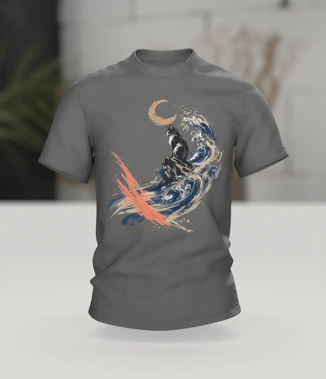 Kanagawa Cat T-shirt, Black Cat in the Great Wave with Crescent Moon and Coral Stroke, In context