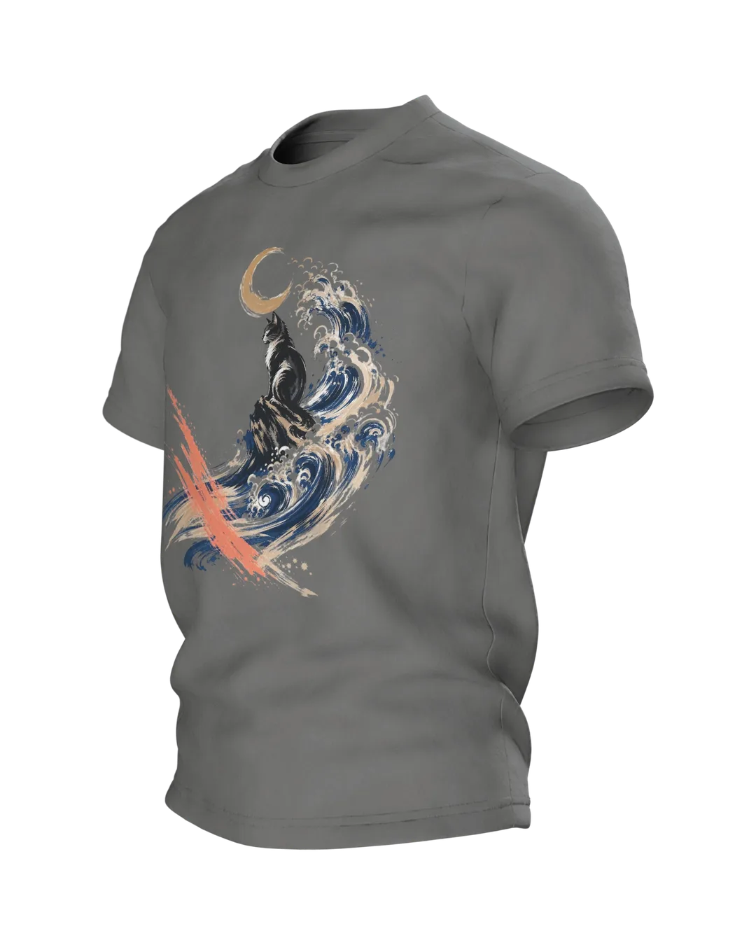 Kanagawa Cat T-shirt, Black Cat in the Great Wave with Crescent Moon and Coral Stroke, Side view, right