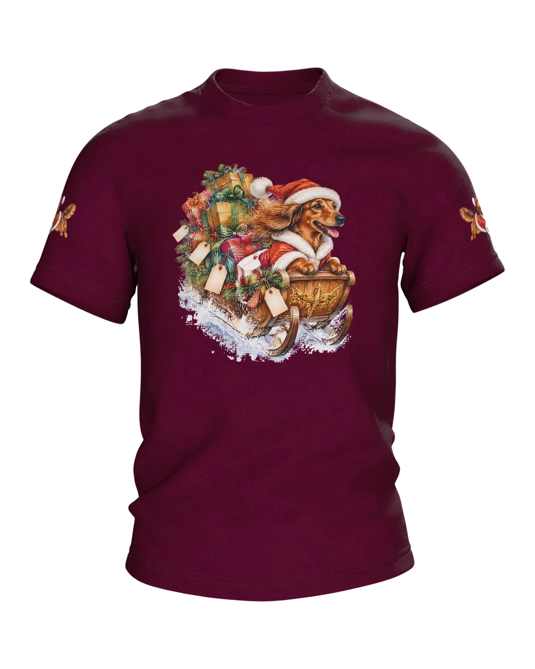 Dachshund Christmas Shirt: Santa Dachshund Steering a Gift Sleigh, Watercolor with Log Cabin in the Snow on the Back