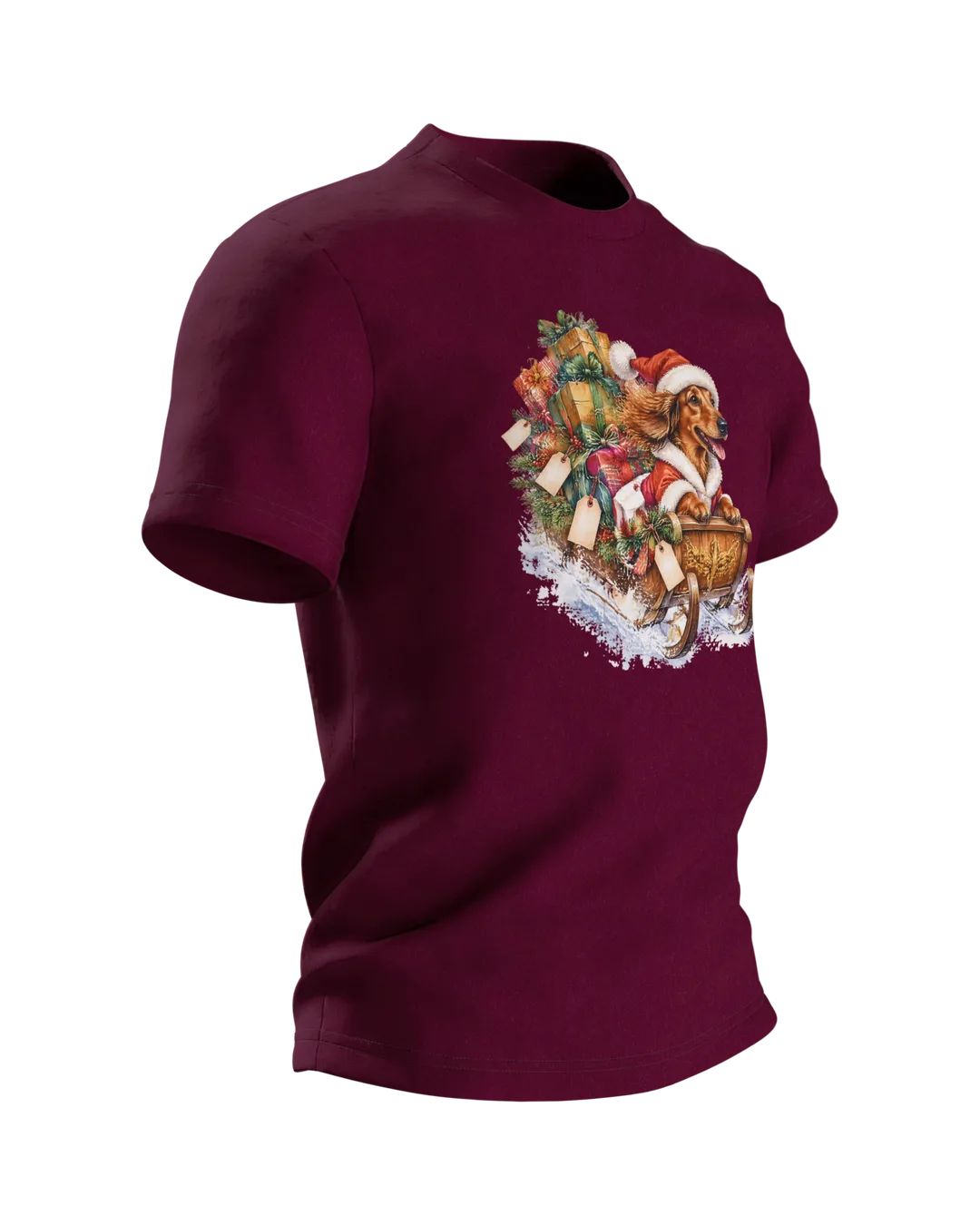 Weihnachtshund T-Shirt: Dackel als Weihnachtsmann im Geschenkeschlitten, Aquarell mit Blockhütte im Schnee auf dem Rücken, Seitenansicht links