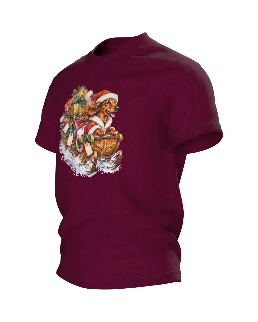 Weihnachtshund T-Shirt: Dackel als Weihnachtsmann im Geschenkeschlitten, Aquarell mit Blockhütte im Schnee auf dem Rücken, Seitenansicht rechts