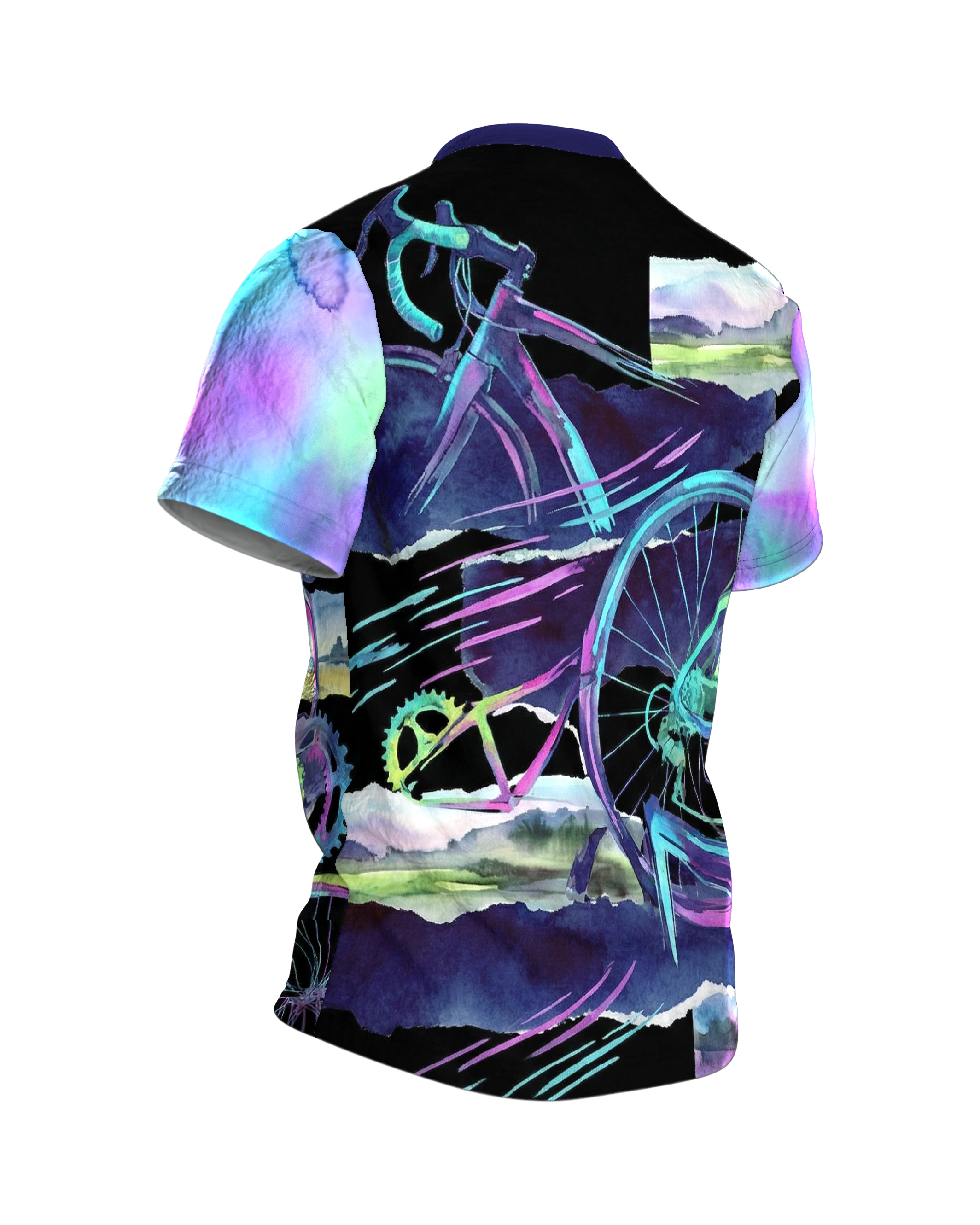 Rennrad Collage T-Shirt, Neon-Räder und Aquarell-Landschaften als Allover in Türkis Magenta, Rückseite schräg rechts