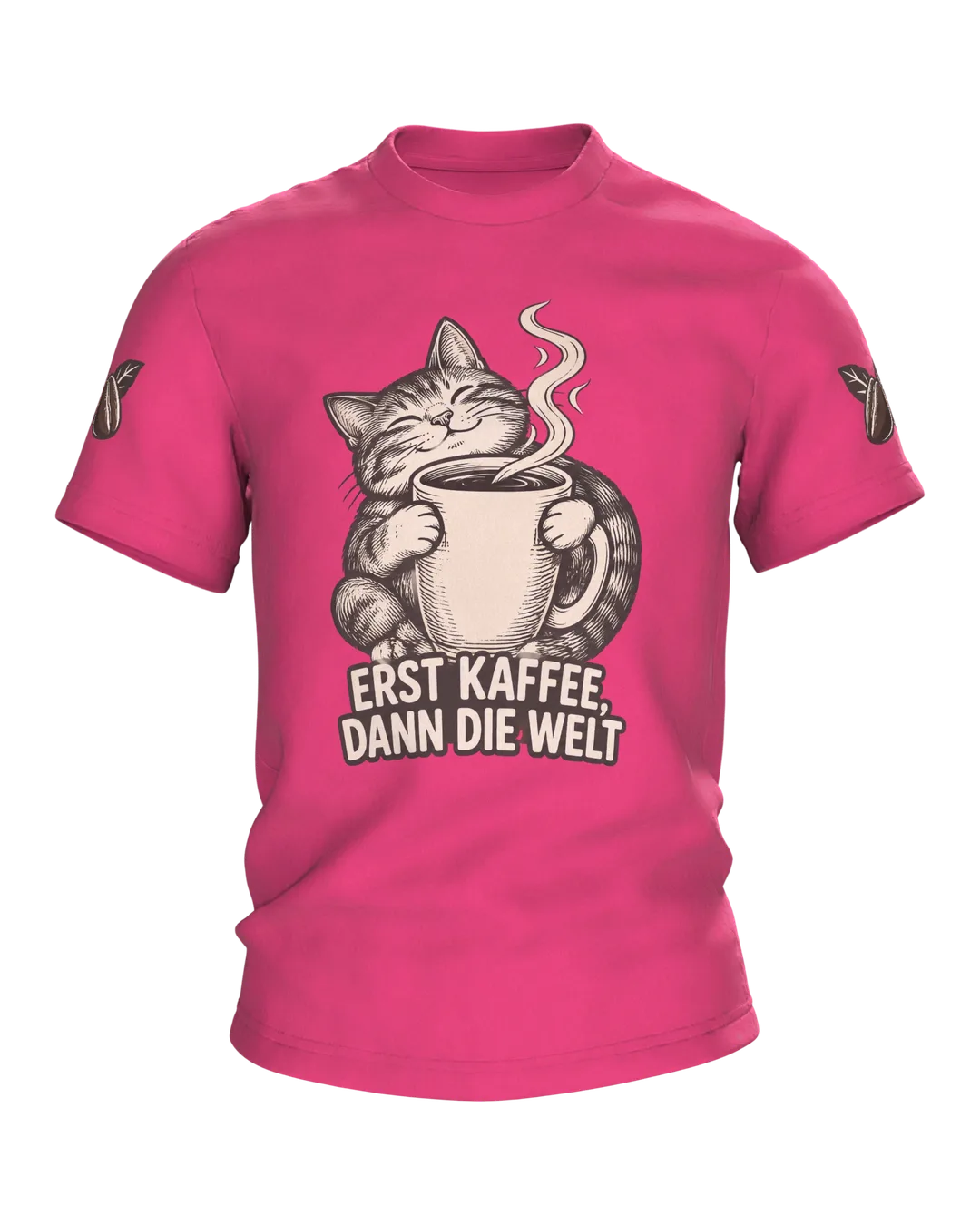 Cat Coffee Shirt “Erst Kaffee, dann die Welt”, Woodcut-Style Line Art Cat Hugging Its Mug, Back Print Mug on a Globe