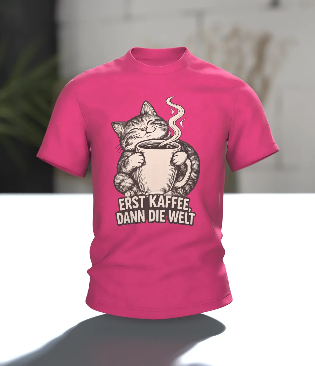 Cat Coffee Shirt “Erst Kaffee, dann die Welt”, Woodcut-Style Line Art Cat Hugging Its Mug, Back Print Mug on a Globe, In context