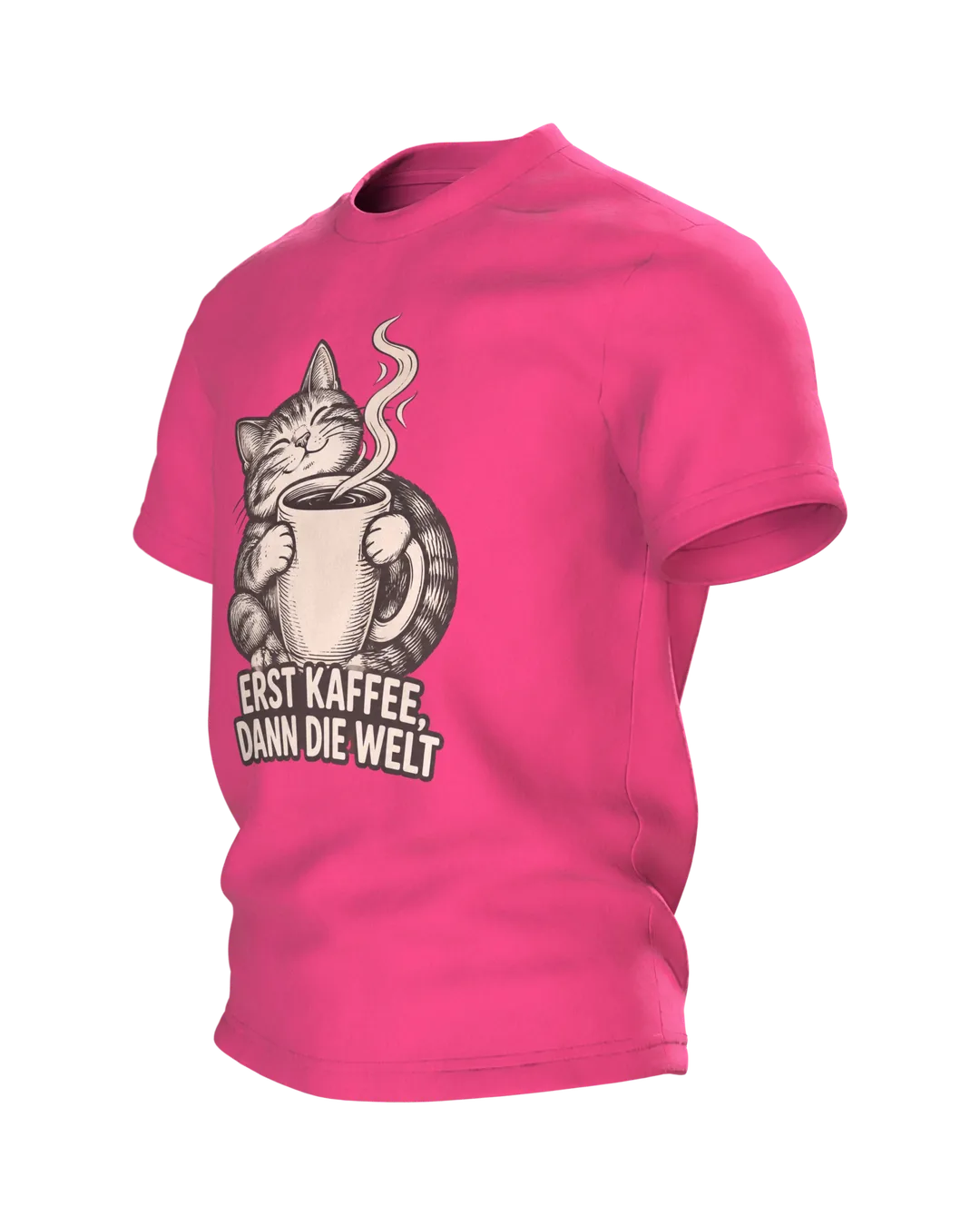 Cat Coffee Shirt “Erst Kaffee, dann die Welt”, Woodcut-Style Line Art Cat Hugging Its Mug, Back Print Mug on a Globe, Side view, right