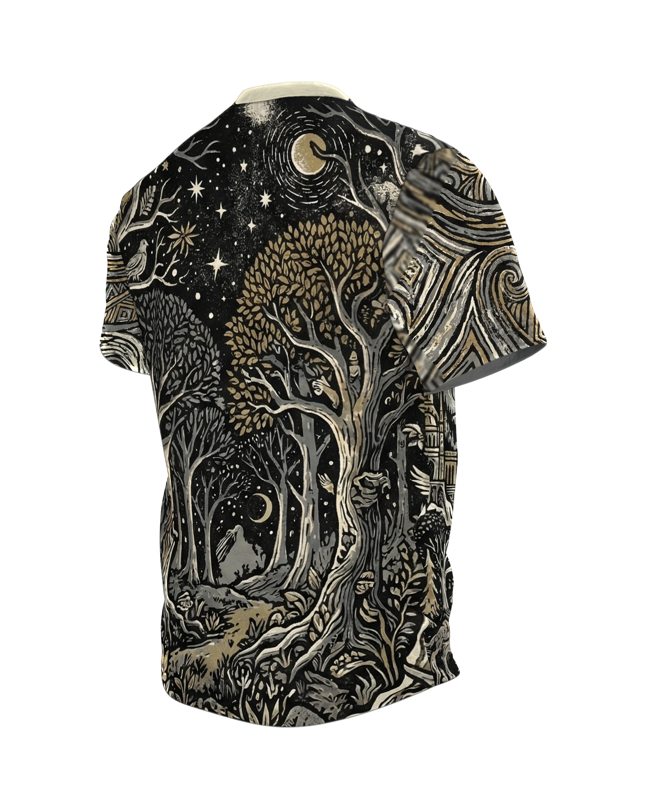 Fantasy Landscape T-shirt, Linocut Panorama with Mountains and City, Enchanted Forest on the Back, Back, angled left