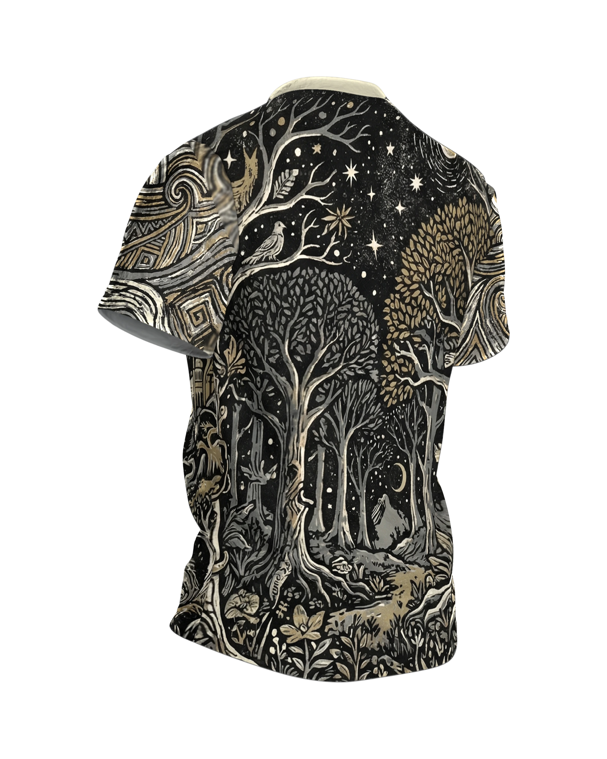 Fantasy Landscape T-shirt, Linocut Panorama with Mountains and City, Enchanted Forest on the Back, Back, angled right