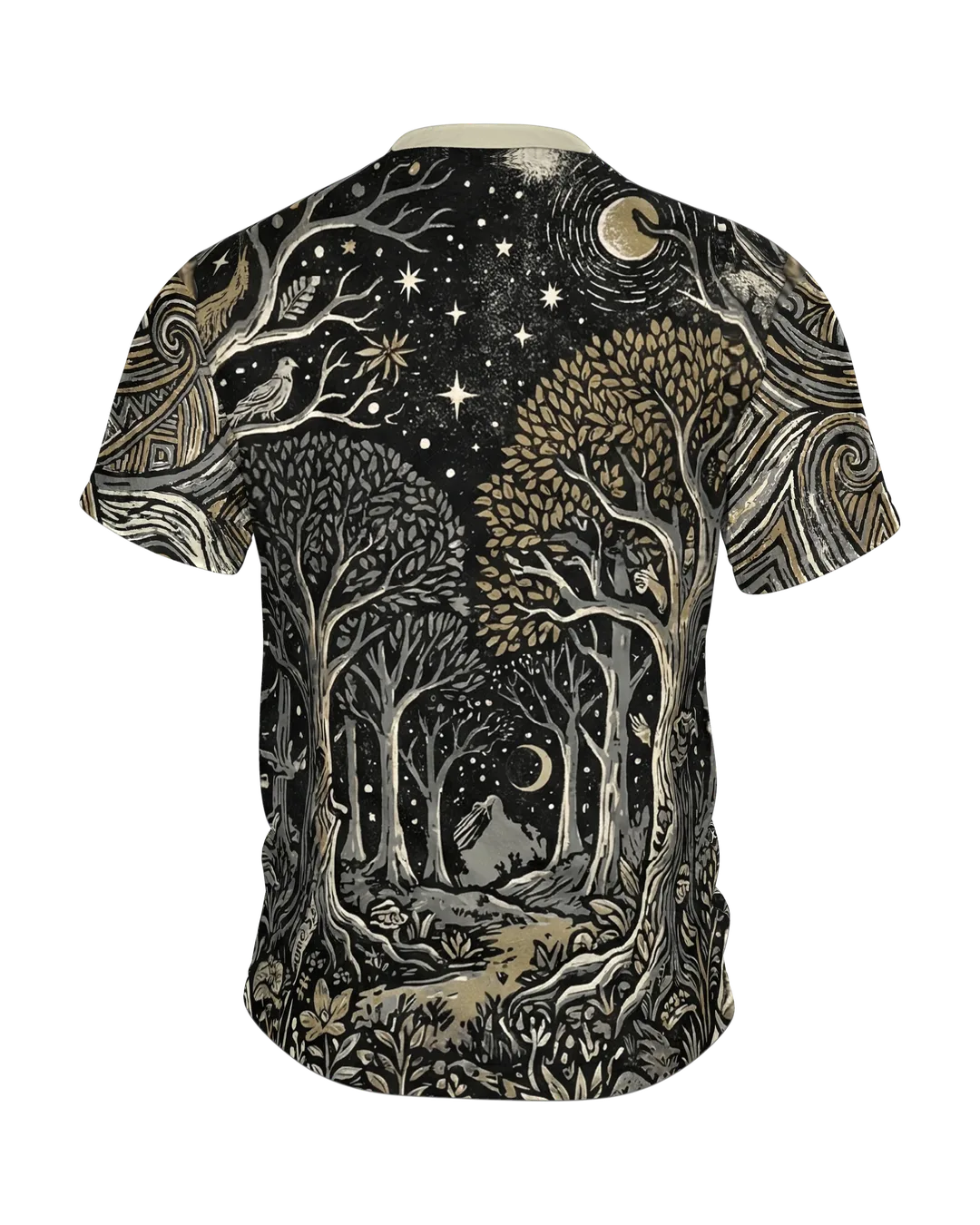 Fantasy Landscape T-shirt, Linocut Panorama with Mountains and City, Enchanted Forest on the Back, Back