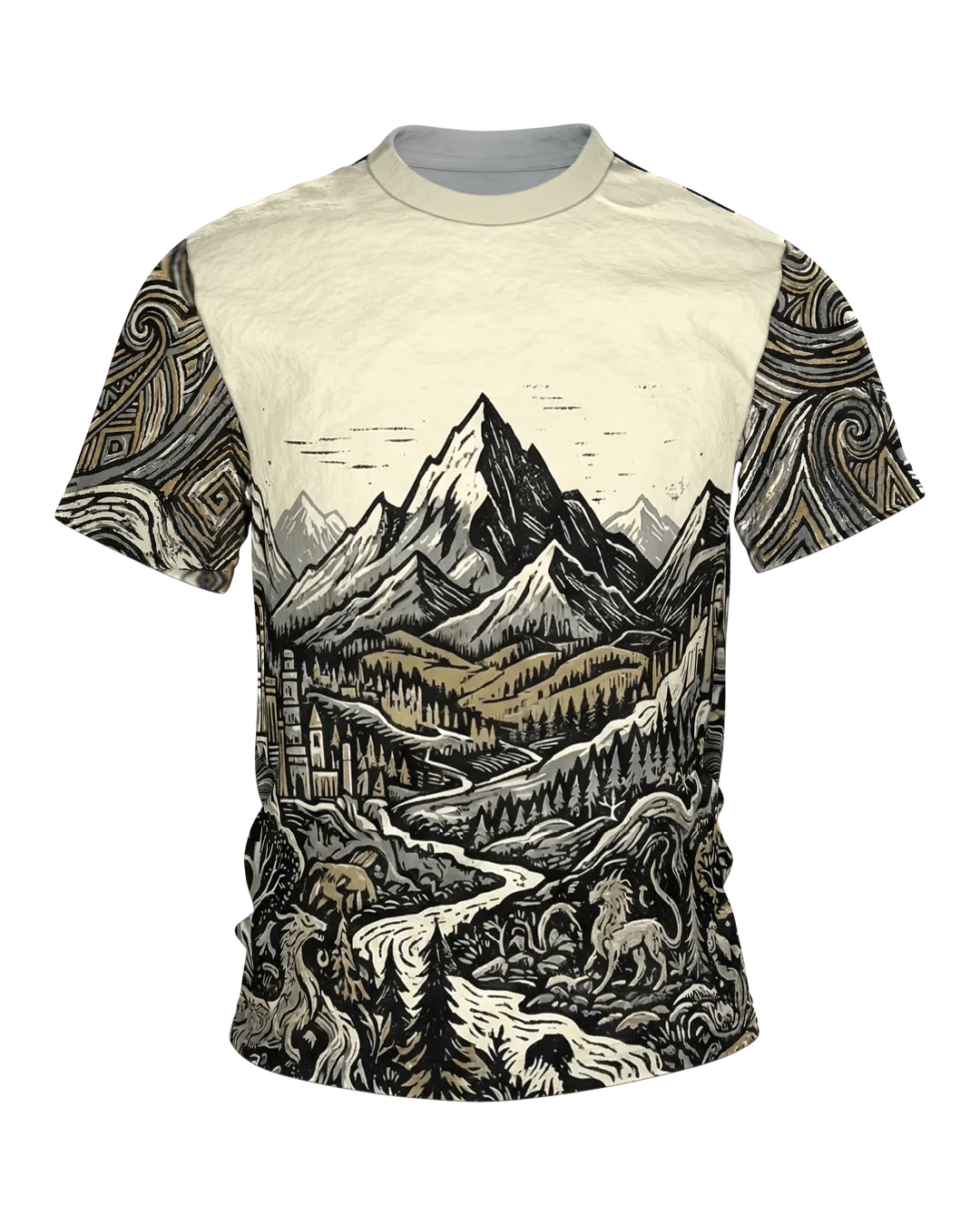 Fantasy Landscape T-shirt, Linocut Panorama with Mountains and City, Enchanted Forest on the Back