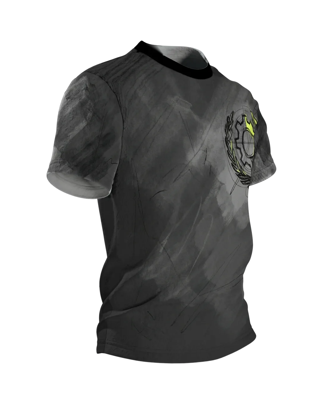 Industrial Blueprint T-shirt: Gear Emblem in Chalk and Neon, Side view, left