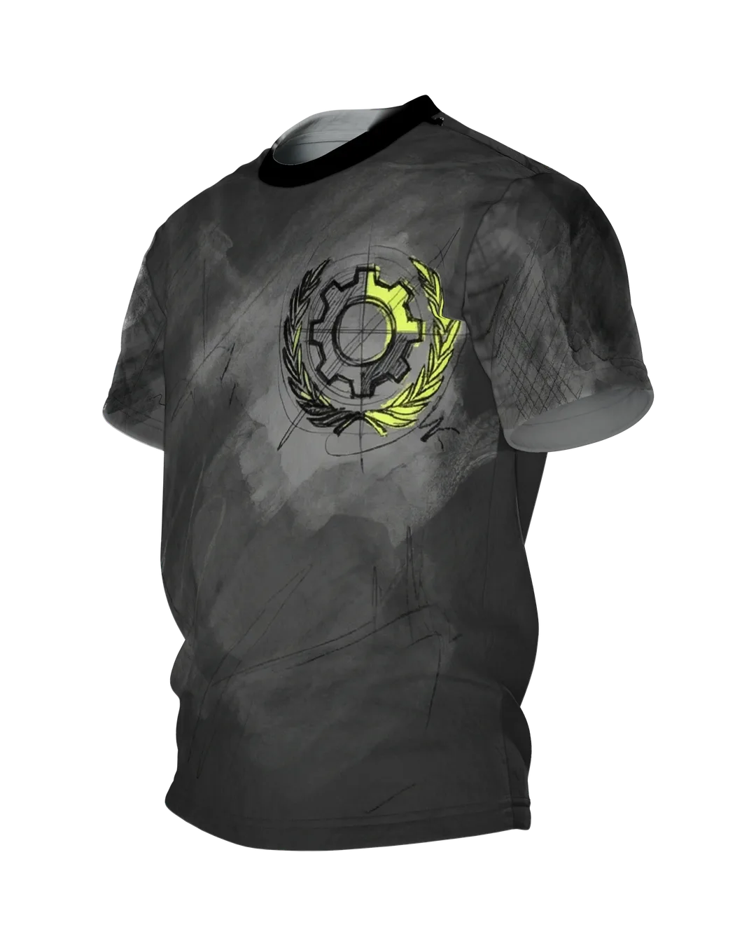 Industrial Blueprint T-shirt: Gear Emblem in Chalk and Neon, Side view, right
