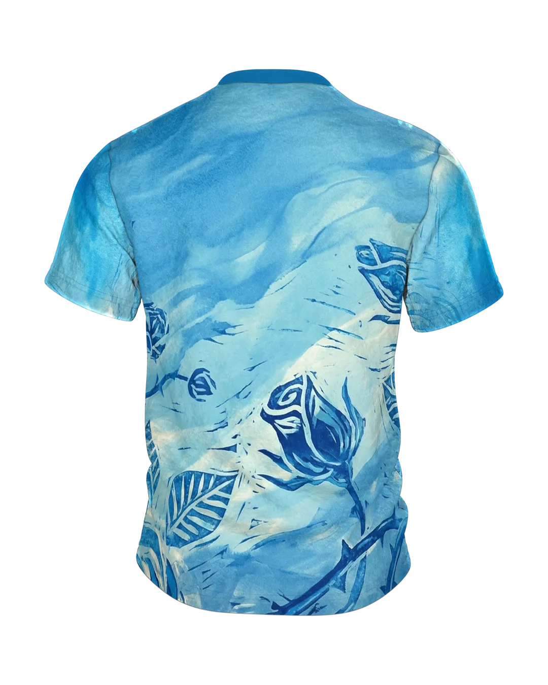 Linocut Rose T-shirt, blooming print roses in front and buds on the back in blue, Back