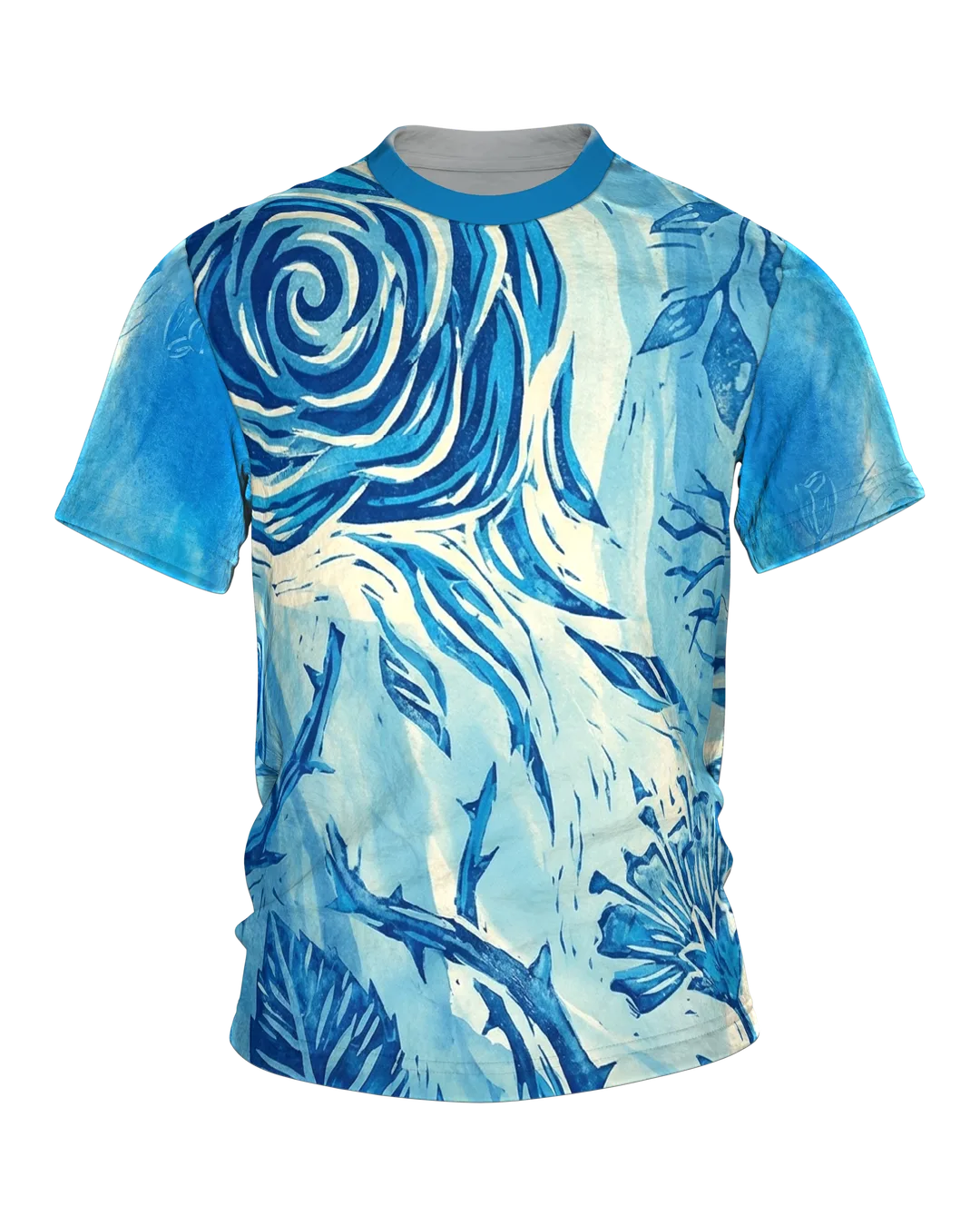 Linocut Rose T-shirt, blooming print roses in front and buds on the back in blue