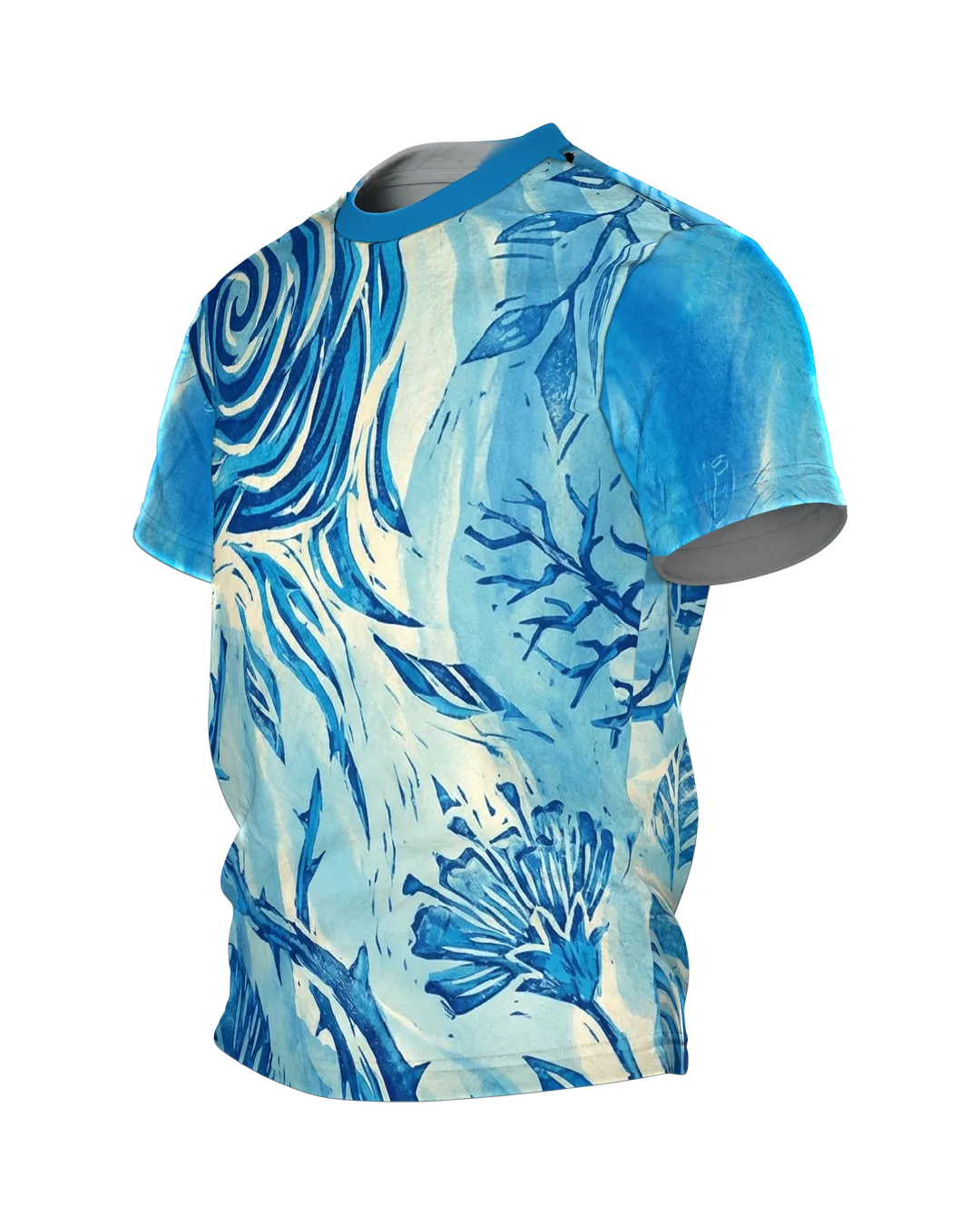 Linocut Rose T-shirt, blooming print roses in front and buds on the back in blue, Side view, right