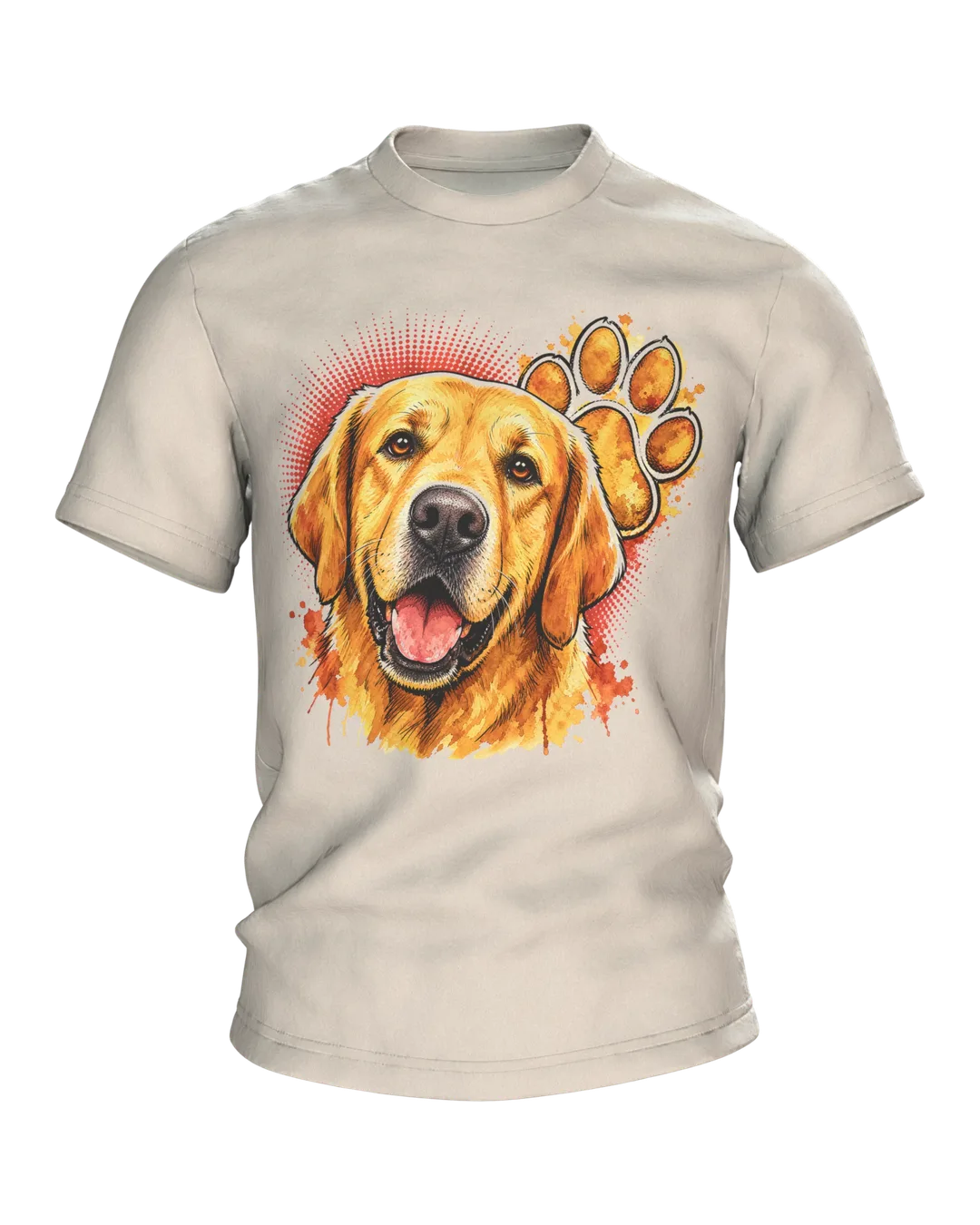 Labrador T-shirt, Golden Watercolor Portrait with Paw Print on the Back