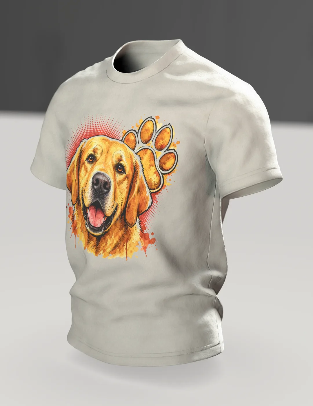 Labrador T-Shirt, goldenes Aquarell-Porträt mit Pfoten-Rücken, Im Raum, schräg