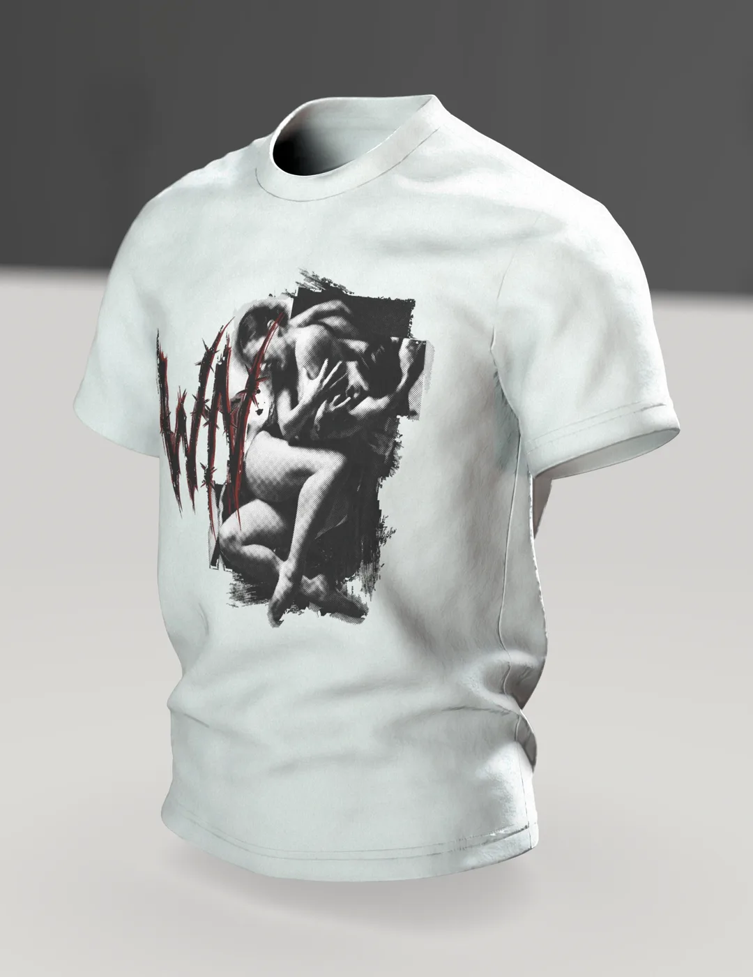 Crewnited Tanz T-Shirt, Halftone-Tänzer mit WN-Emblem und rotem Schriftzug, Im Raum, schräg