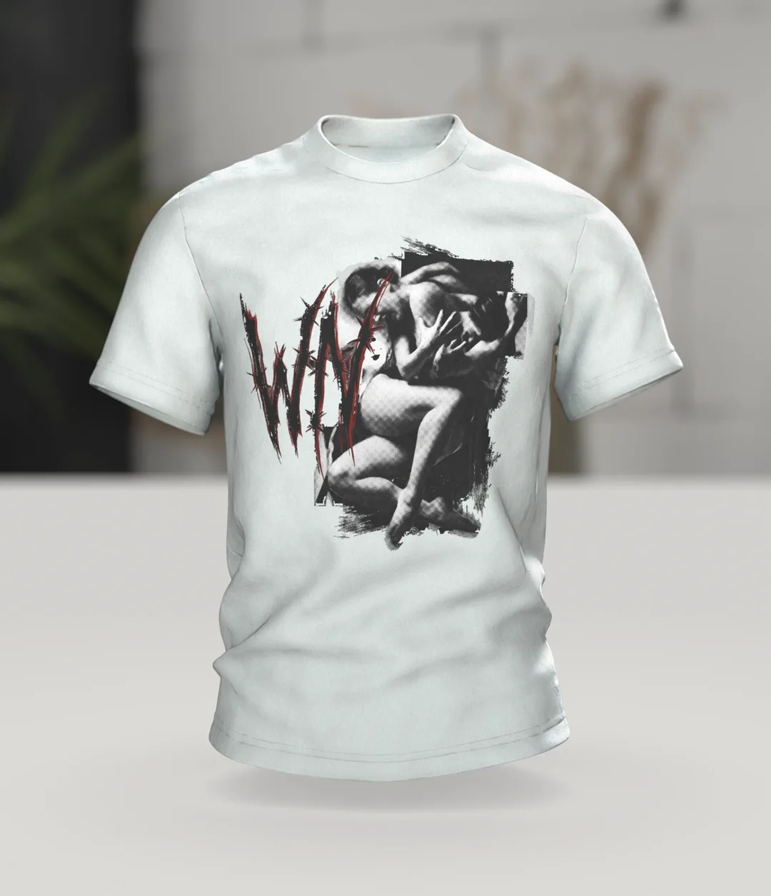 Crewnited Tanz T-Shirt, Halftone-Tänzer mit WN-Emblem und rotem Schriftzug, Im Raum