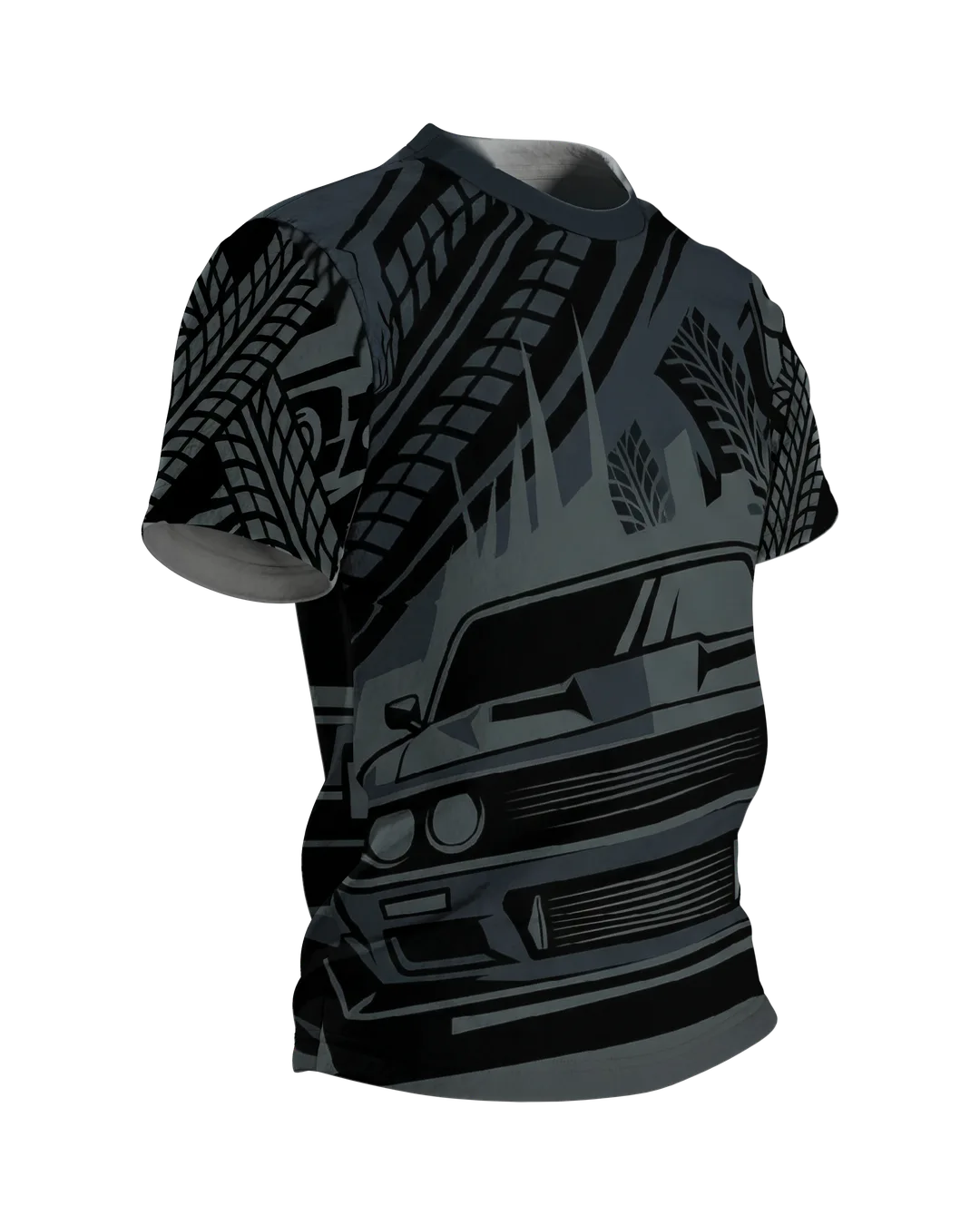 Dark Street Racing T-shirt: Muscle Car and Tire Tracks in Charcoal, Side view, left