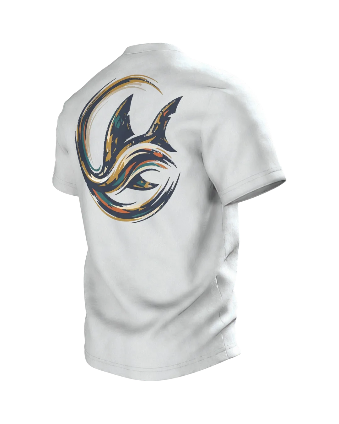 Neon Shark of Light Lines: T-shirt with Cyan Outline over Gold Shards and a Wave Circle on the Back, Back, angled left