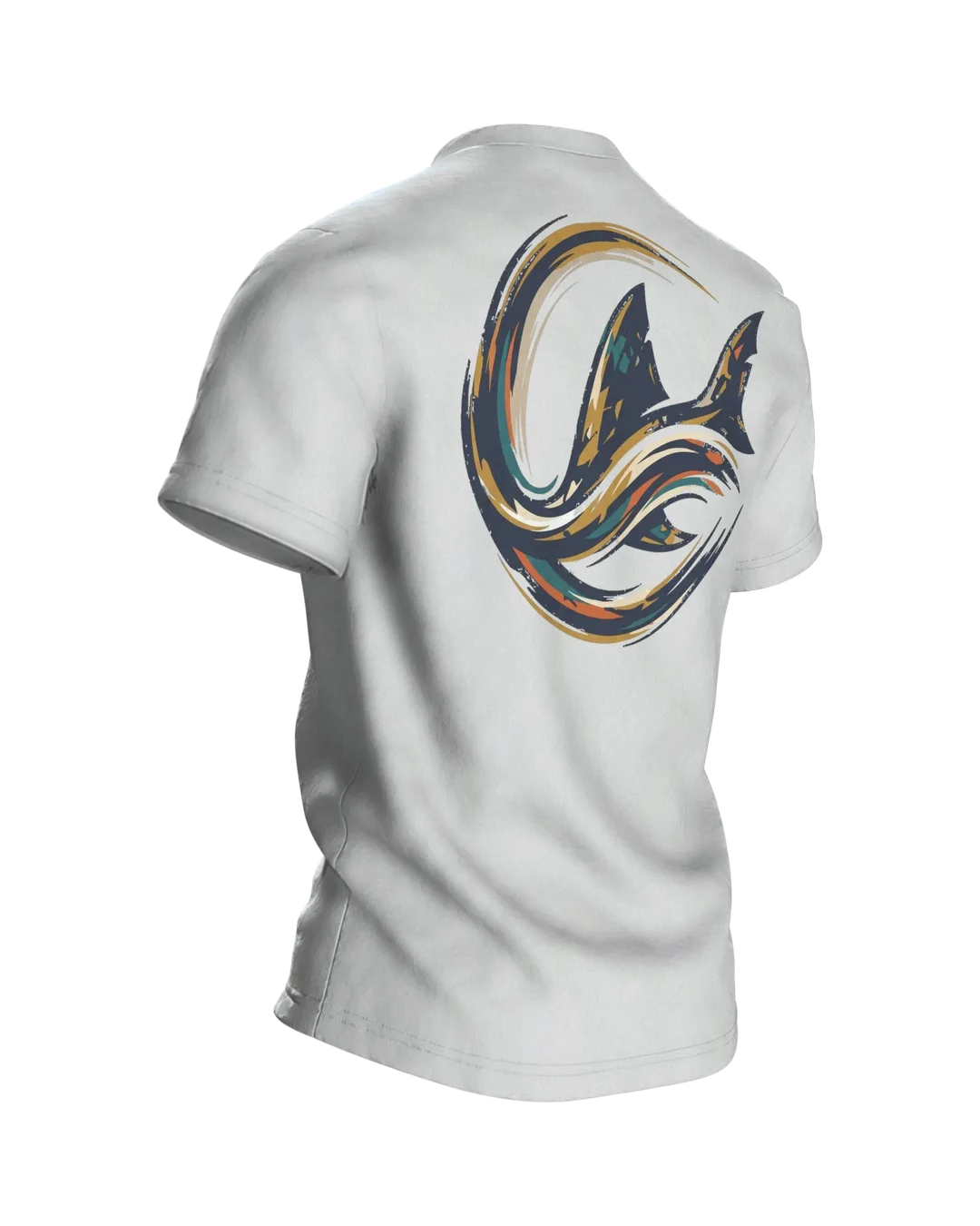 Neon Shark of Light Lines: T-shirt with Cyan Outline over Gold Shards and a Wave Circle on the Back, Back, angled right