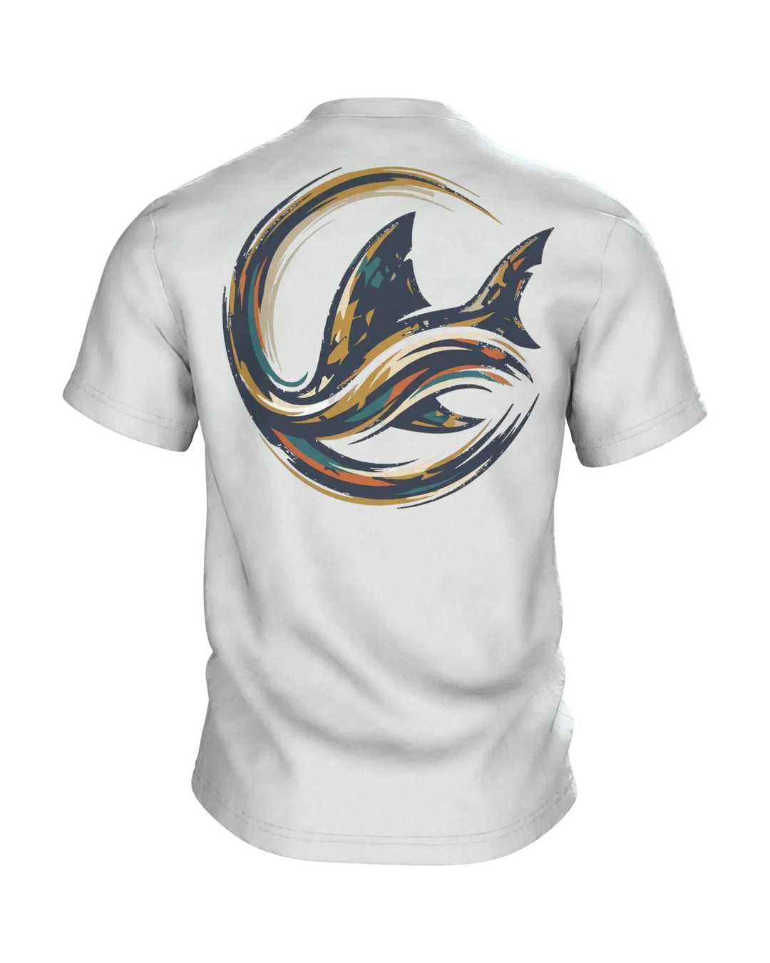 Neon Shark of Light Lines: T-shirt with Cyan Outline over Gold Shards and a Wave Circle on the Back, Back