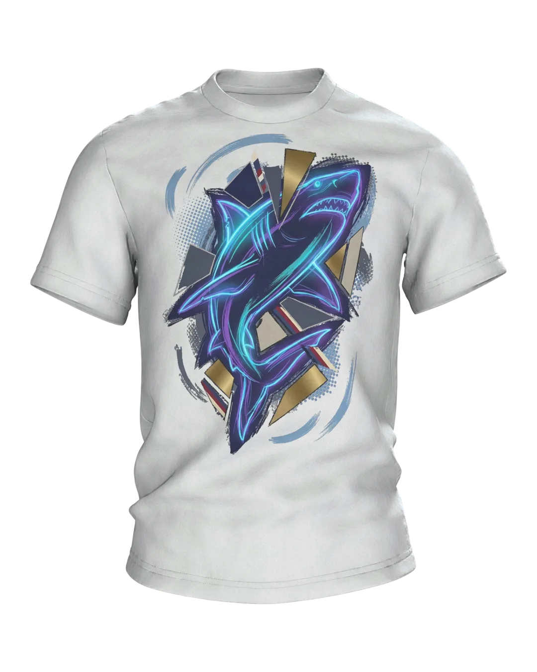 Neon Shark of Light Lines: T-shirt with Cyan Outline over Gold Shards and a Wave Circle on the Back