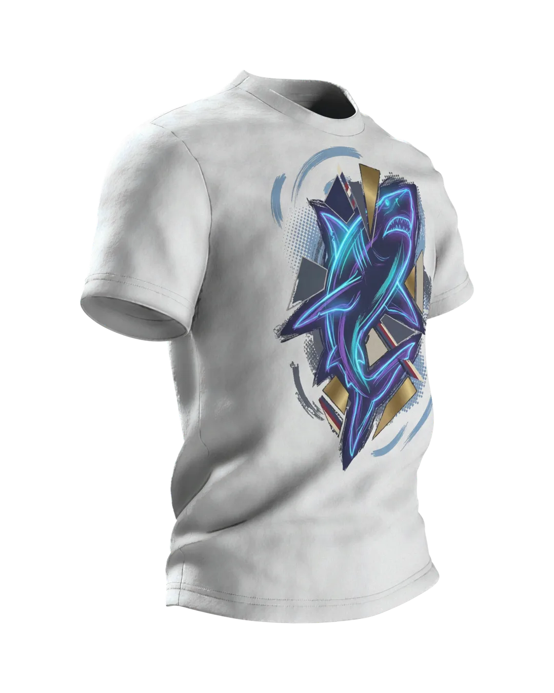 Neon Shark of Light Lines: T-shirt with Cyan Outline over Gold Shards and a Wave Circle on the Back, Side view, left