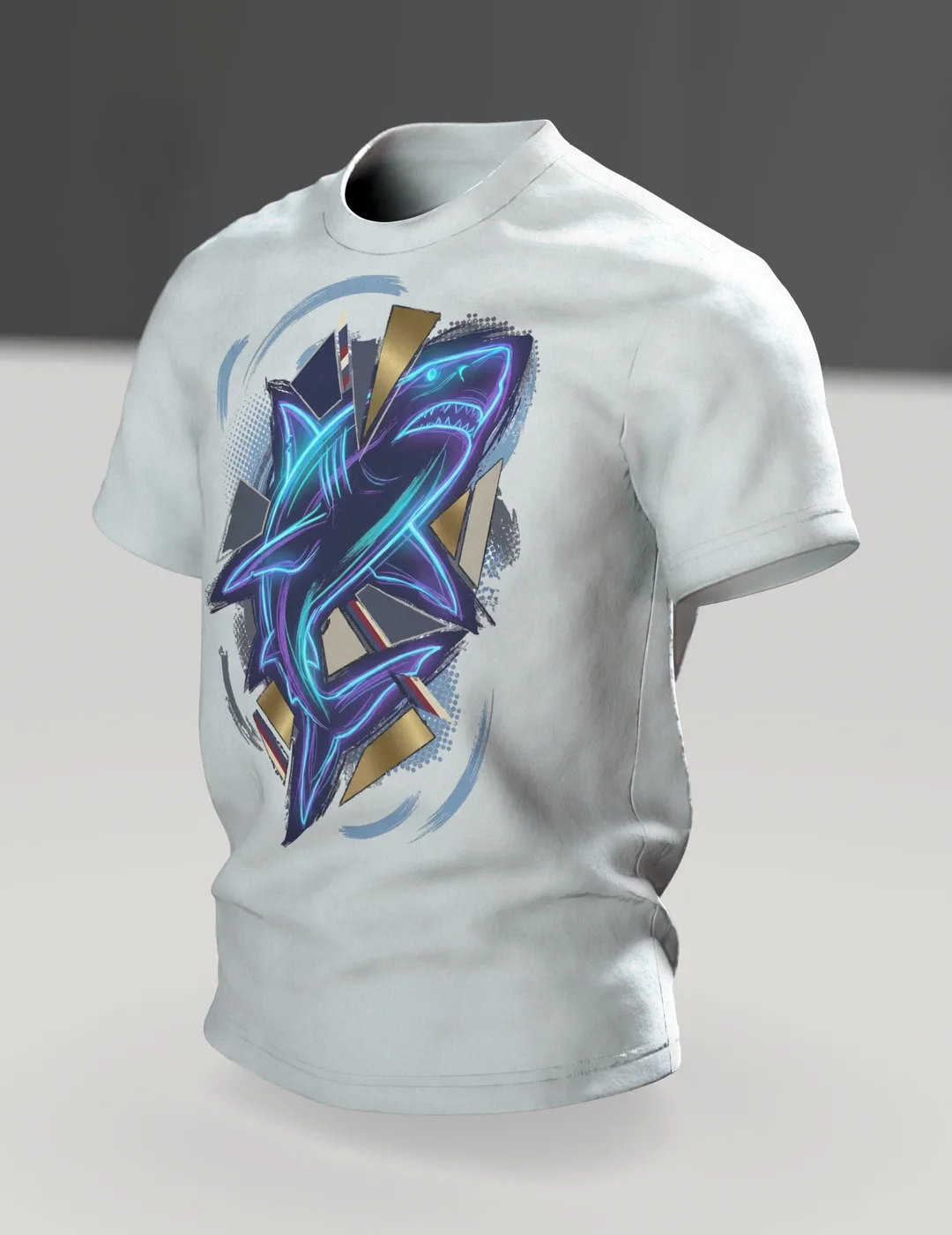 Neon Shark of Light Lines: T-shirt with Cyan Outline over Gold Shards and a Wave Circle on the Back, In context, angled