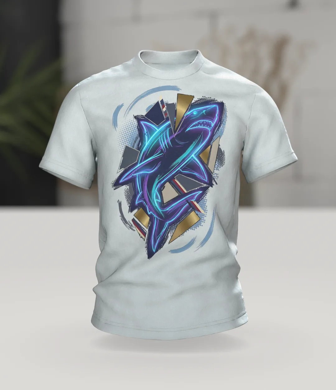 Neon Shark of Light Lines: T-shirt with Cyan Outline over Gold Shards and a Wave Circle on the Back, In context