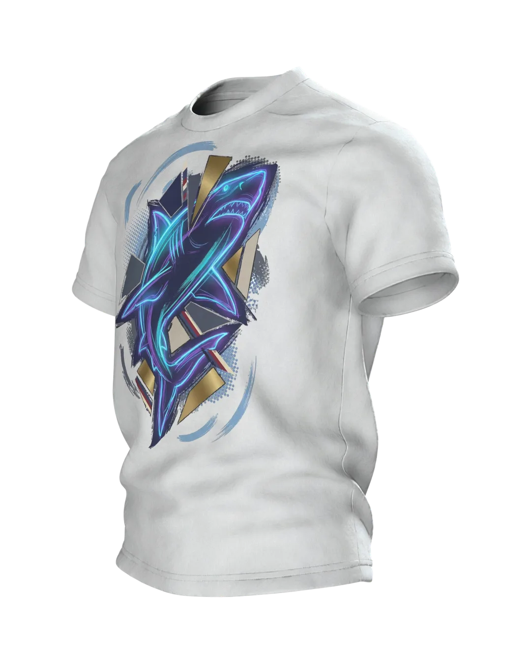 Neon Shark of Light Lines: T-shirt with Cyan Outline over Gold Shards and a Wave Circle on the Back, Side view, right