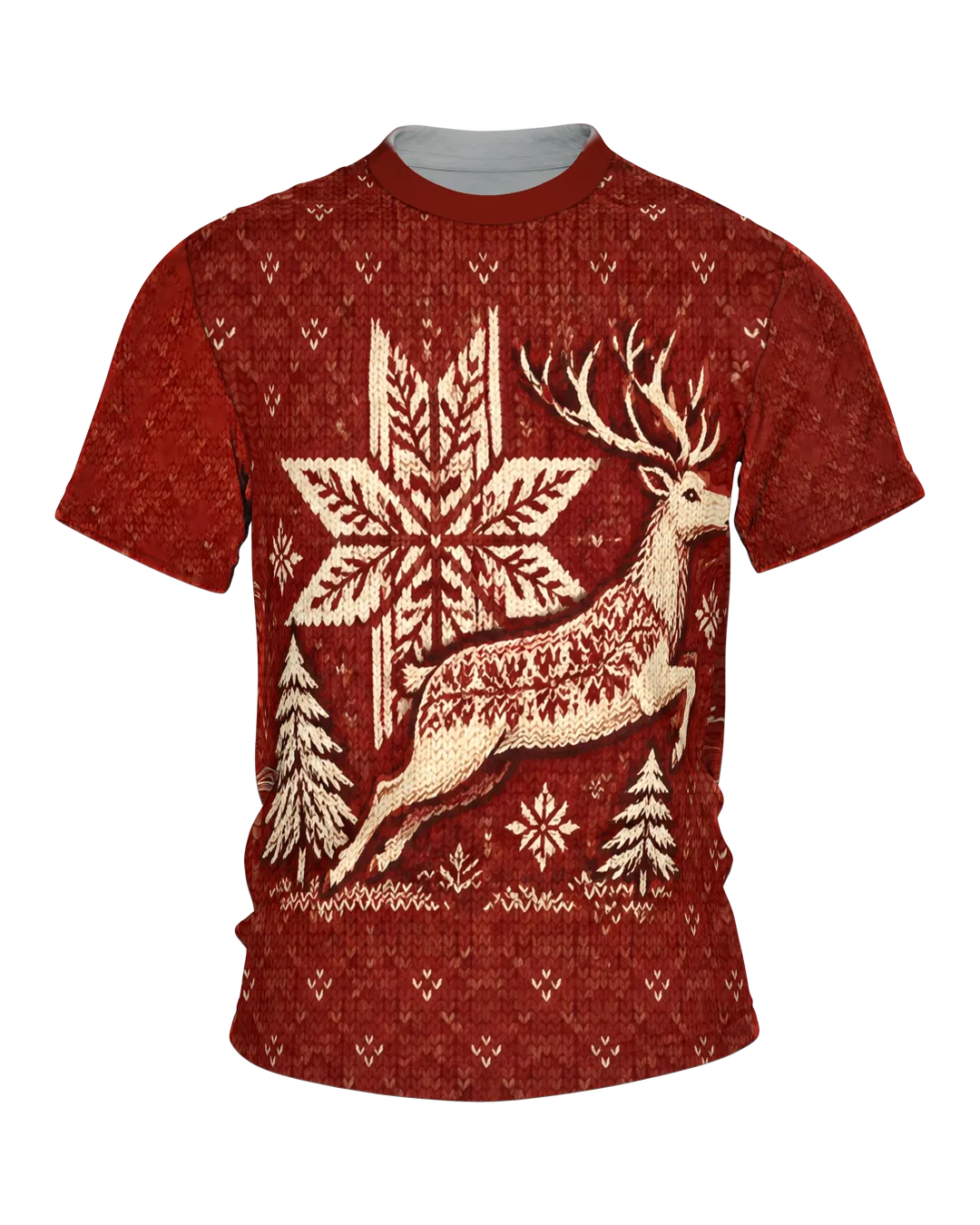 Nordic Knit Deer T-Shirt with Selbu Star and Fir Trees, Norwegian Sweater Pattern All-Over Print in Brick Red and Cream