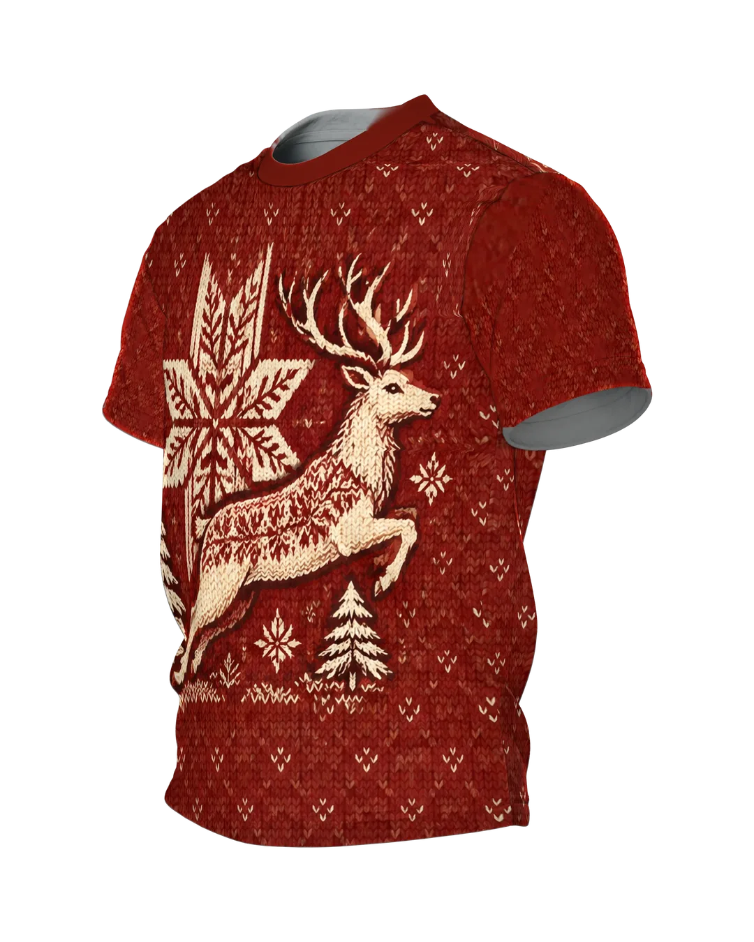 Norwegerstrick Hirsch T-Shirt mit Selbu-Stern und Tannen, Norwegermuster als Rundum-Druck in Ziegelrot und Cremeweiß, Seitenansicht rechts