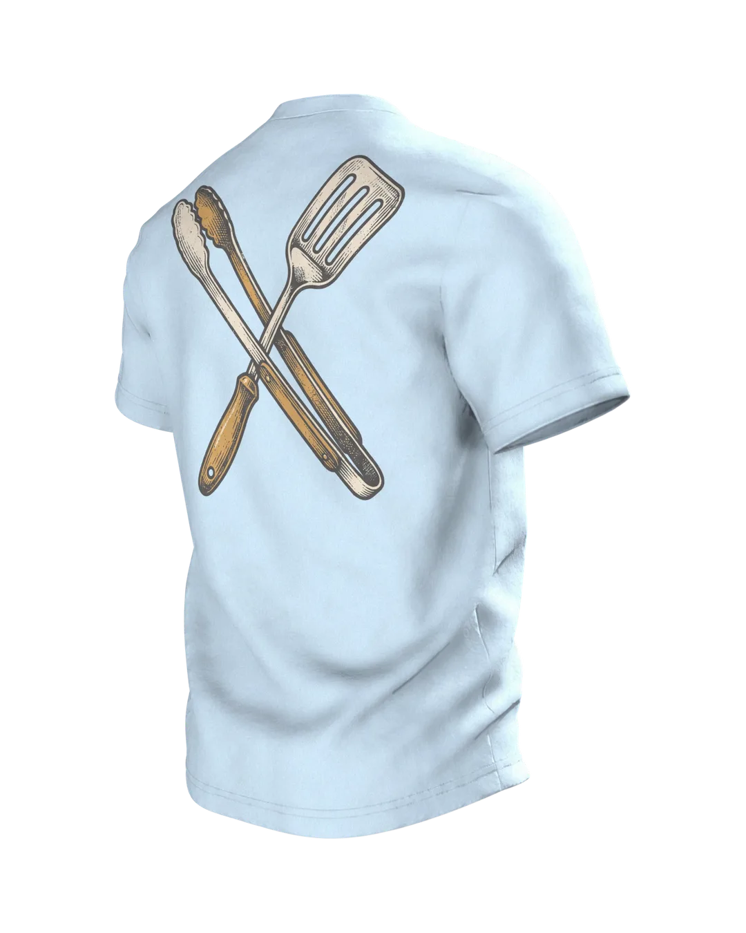 Kugelgrill T-Shirt "Grillmeister, Fleisch ist mein Gemüse", Vintage BBQ Emblem, Rückseite schräg links