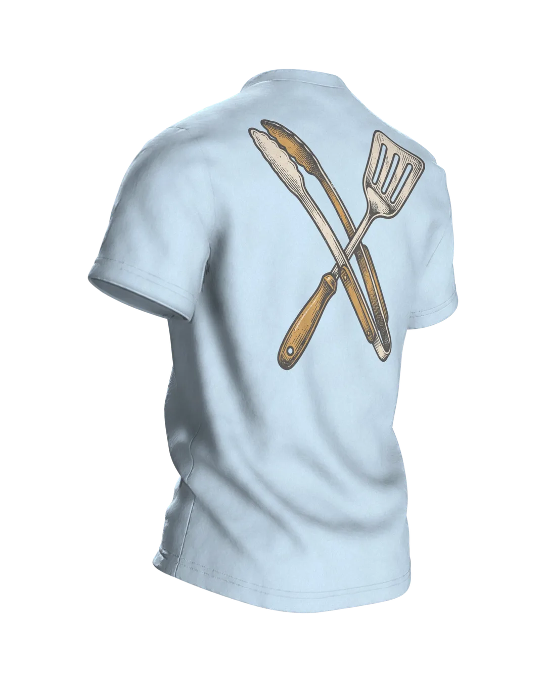 Kugelgrill T-Shirt "Grillmeister, Fleisch ist mein Gemüse", Vintage BBQ Emblem, Rückseite schräg rechts