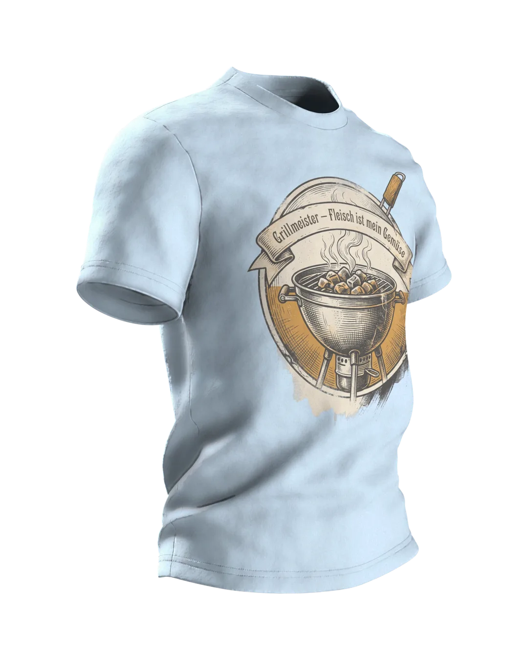 Kugelgrill T-Shirt "Grillmeister, Fleisch ist mein Gemüse", Vintage BBQ Emblem, Seitenansicht links